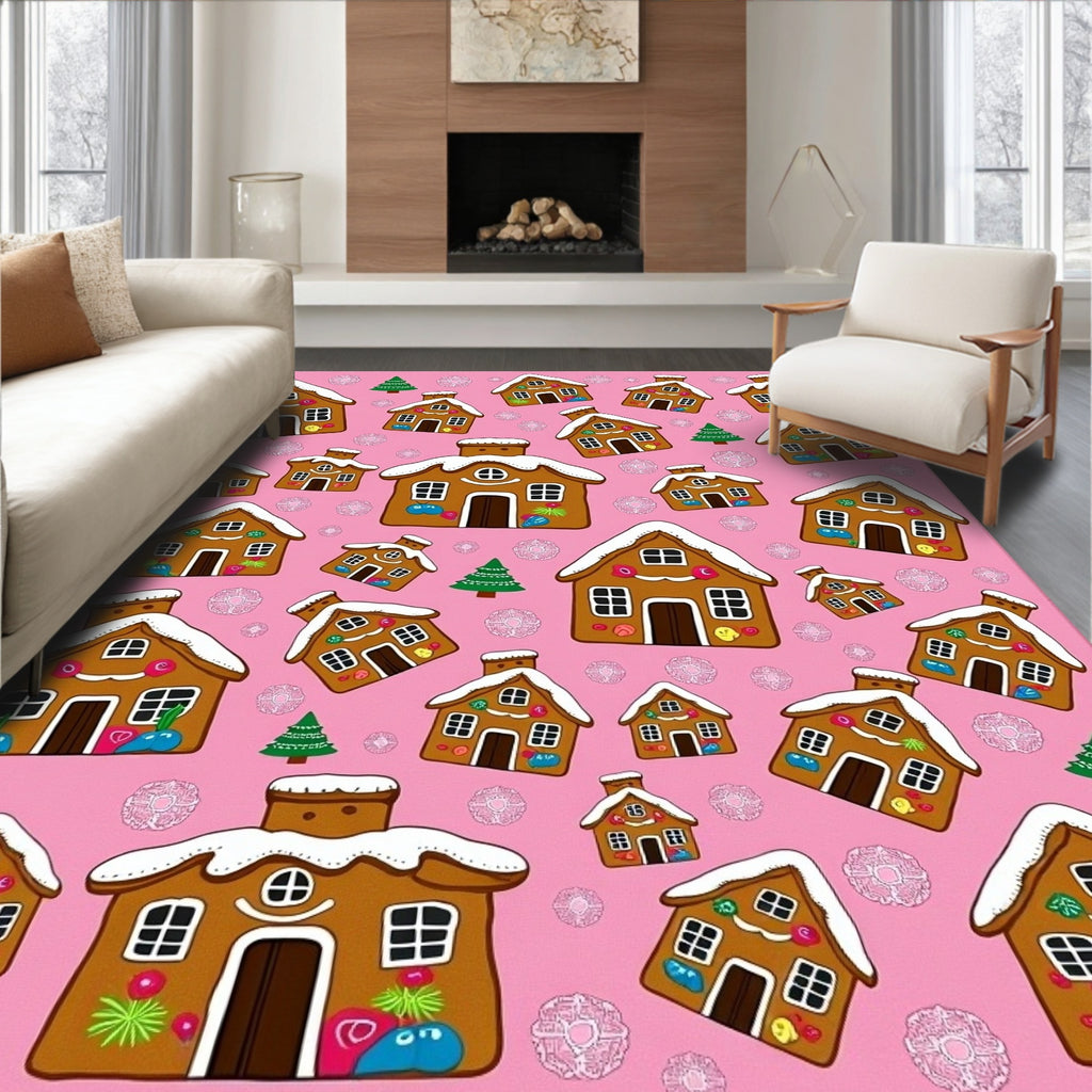 Gingerbread Houses Snow Christmas Scene Rug