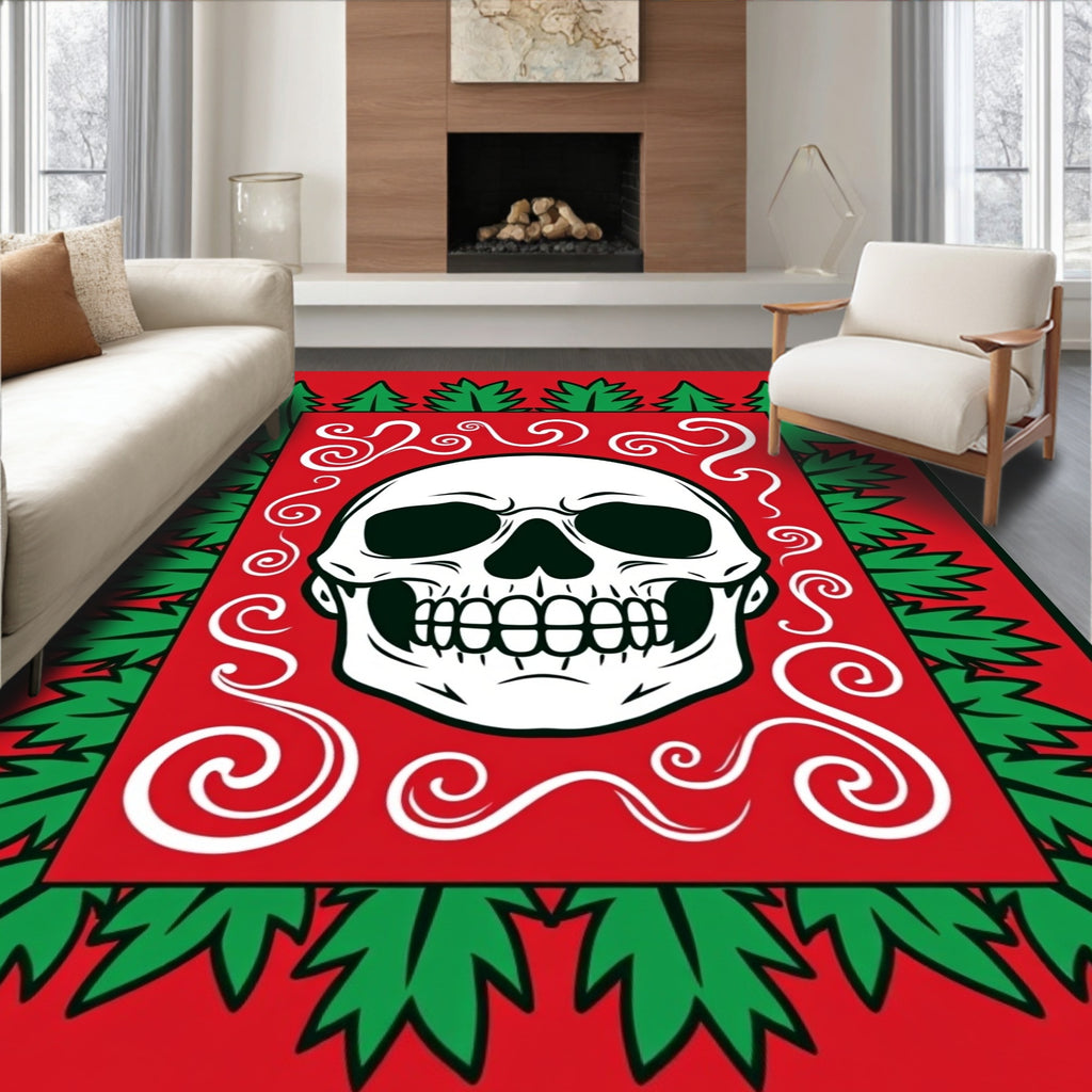 Vibrant Red Skull Foliage Swirl Icon Rug