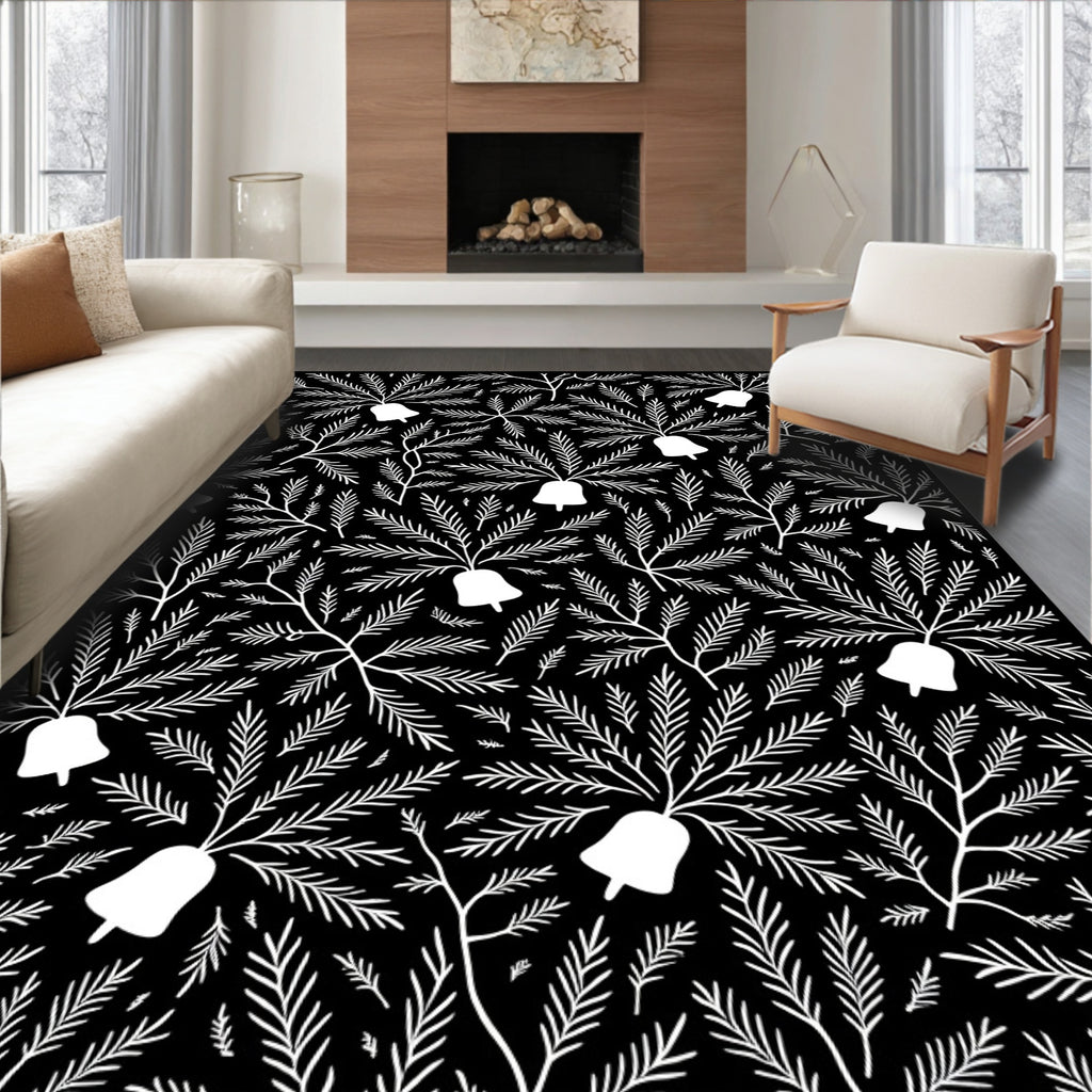 Ornate Black White Bell Branch Rug