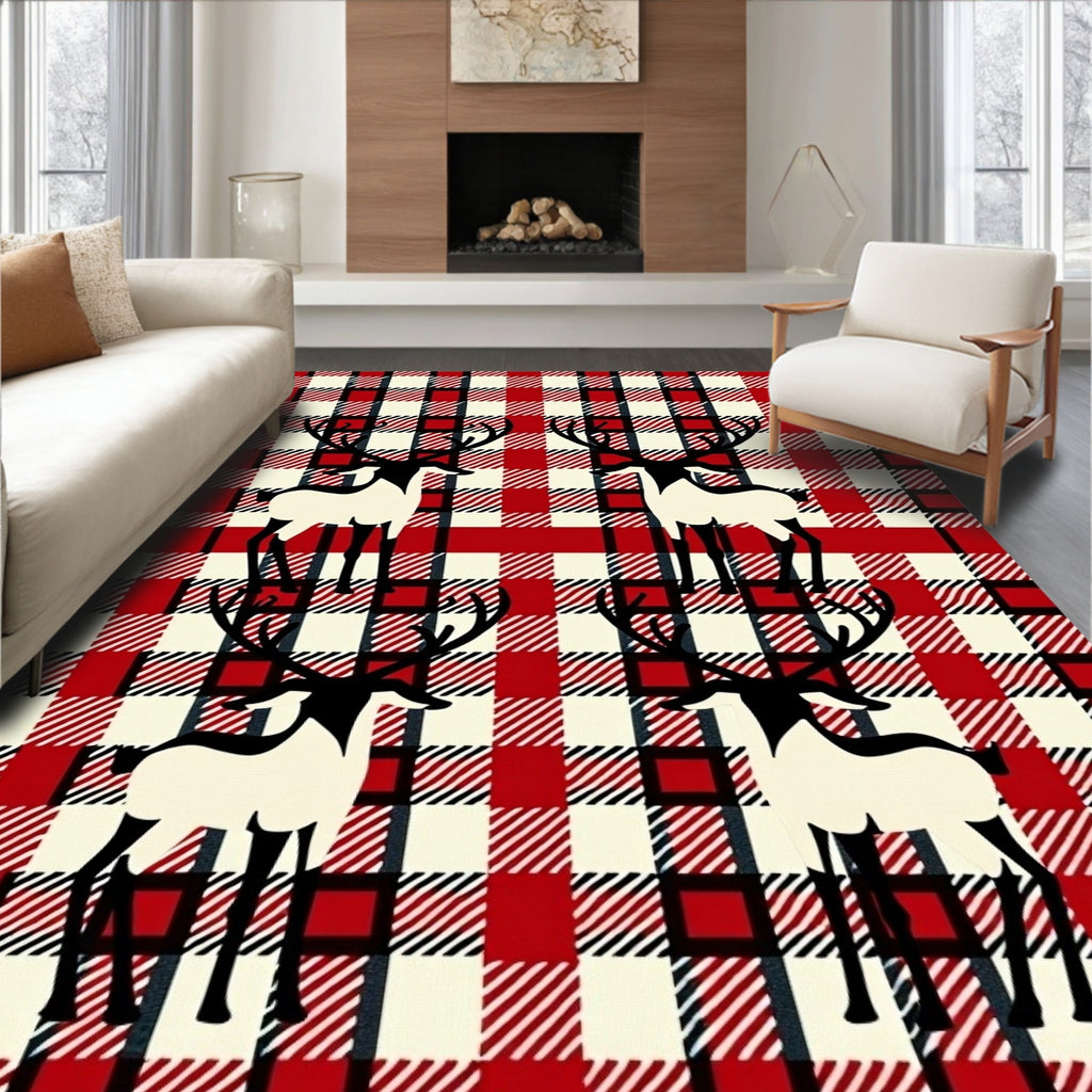 Red Black Cream Plaid Deer Collage Rug