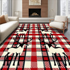 Red Black Cream Plaid Deer Collage Rug