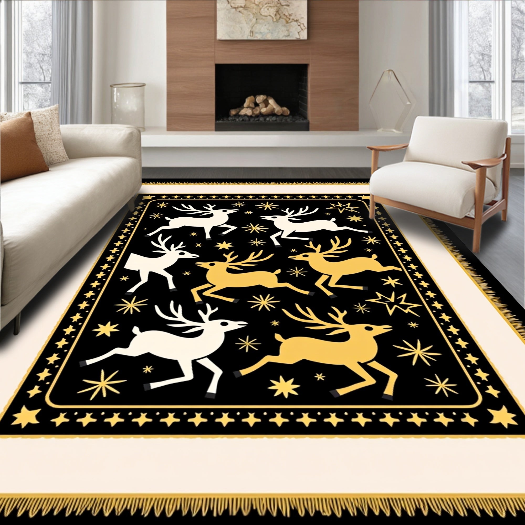 Golden Swift Deer Starry Black Background Rug
