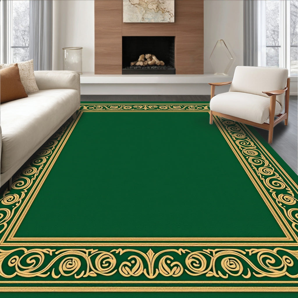Emerald Green Gold Scroll Border Rug