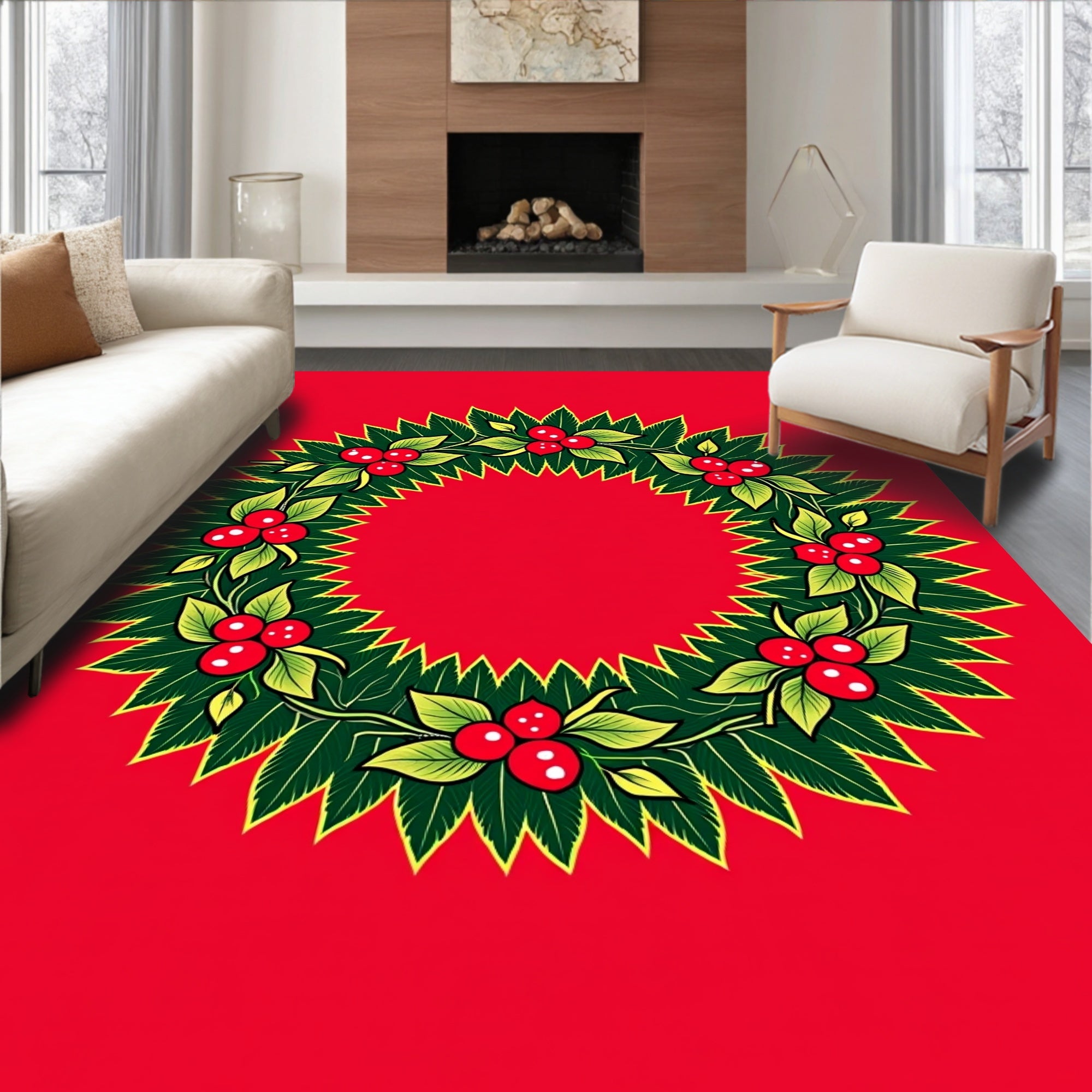 Classic Holly Berry Wreath Green Red Rug
