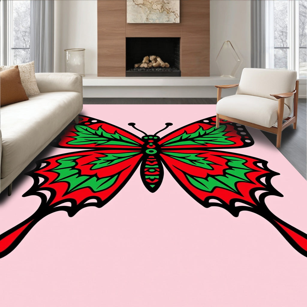 Whimsical Red Green Butterfly Garden Rug