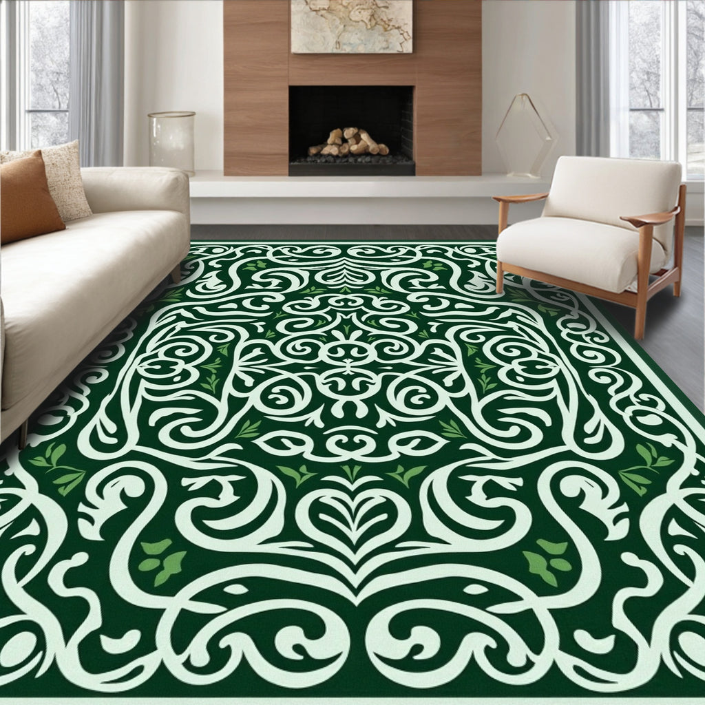 Elegant Emerald Ivory Scrollwork Fern Rug
