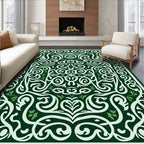 Elegant Emerald Ivory Scrollwork Fern Rug