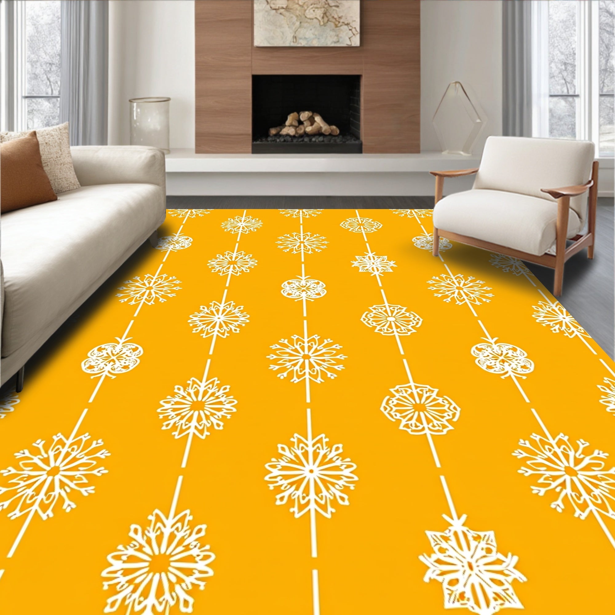 White Sunburst Medallion Vertical Stripe Rug