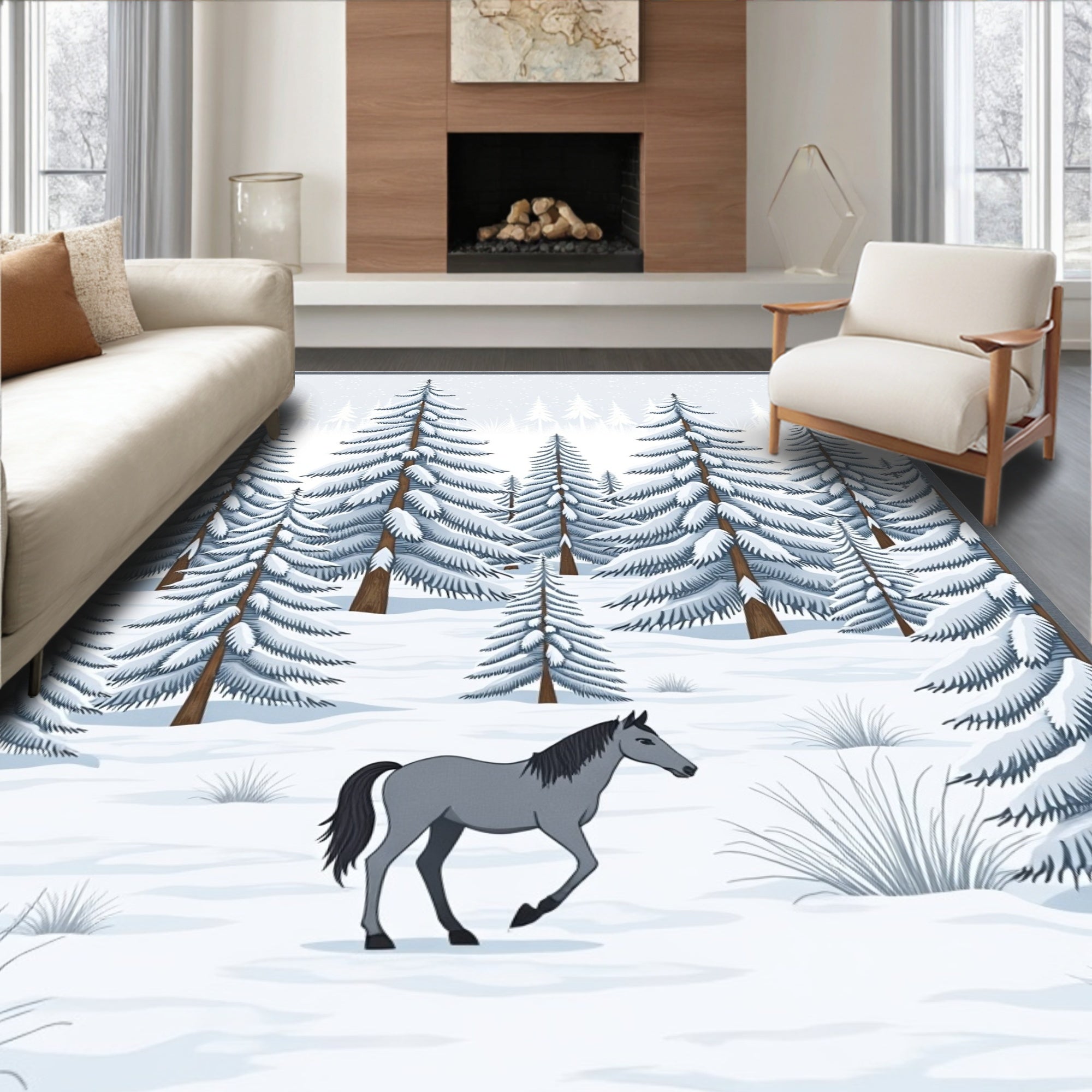 Winter Pine Forest Horse Scene Rug