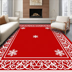 Crimson Red Snowflake Ornamental Border Rug