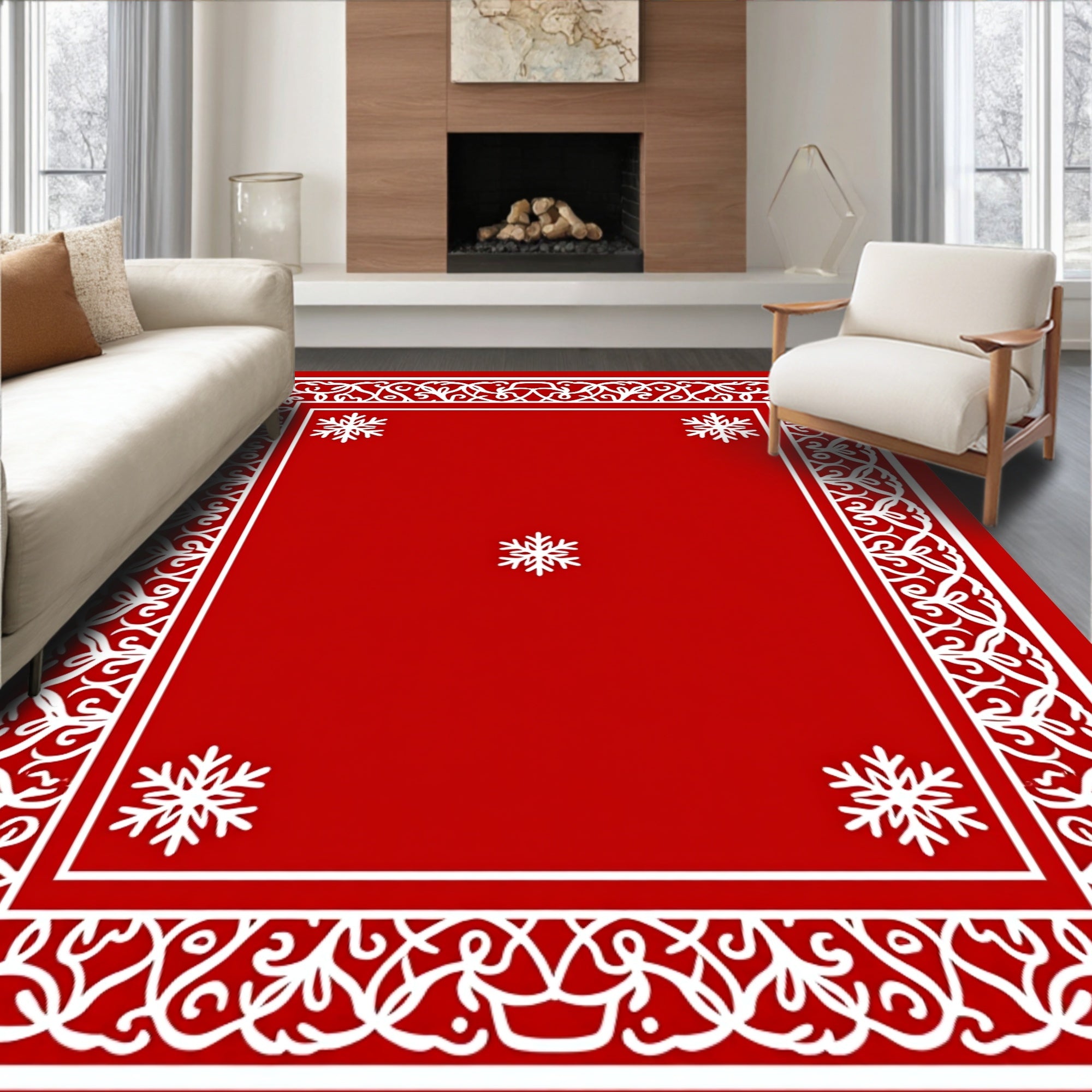Crimson Red Snowflake Ornamental Border Rug