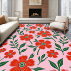 Red Floral Branches Pink Background Rug