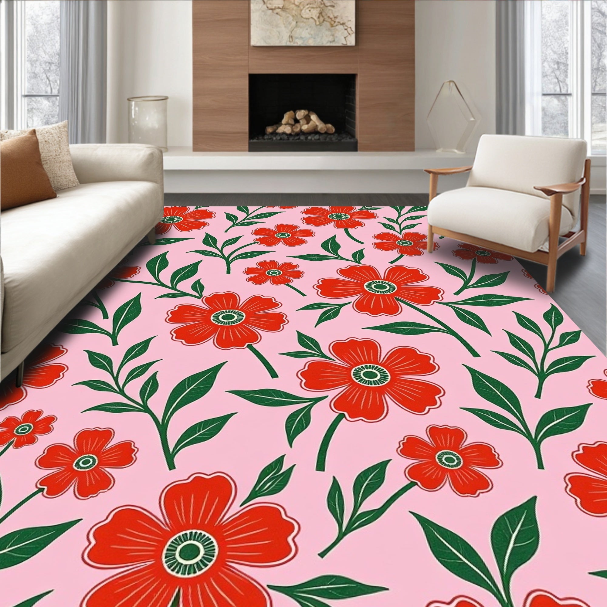 Red Floral Branches Pink Background Rug