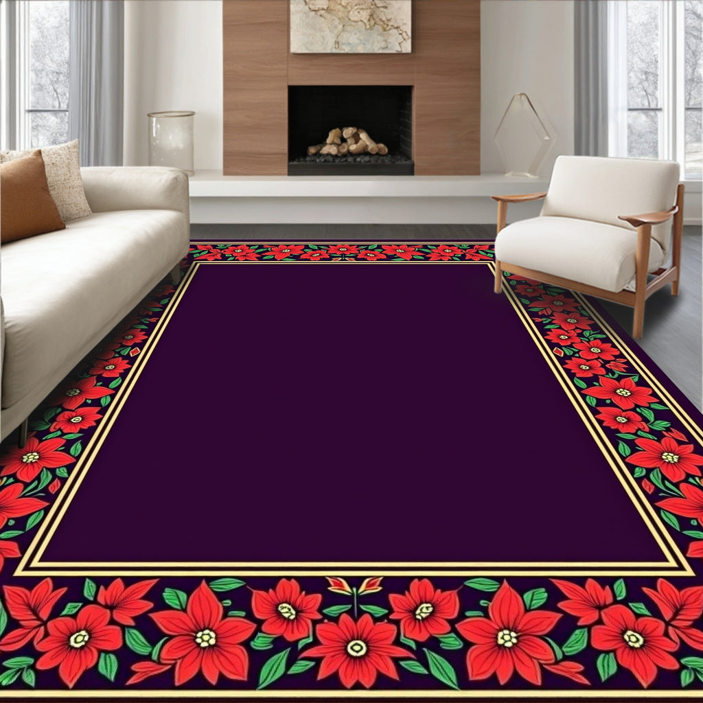 Rich Red Floral Border Plum Background Rug