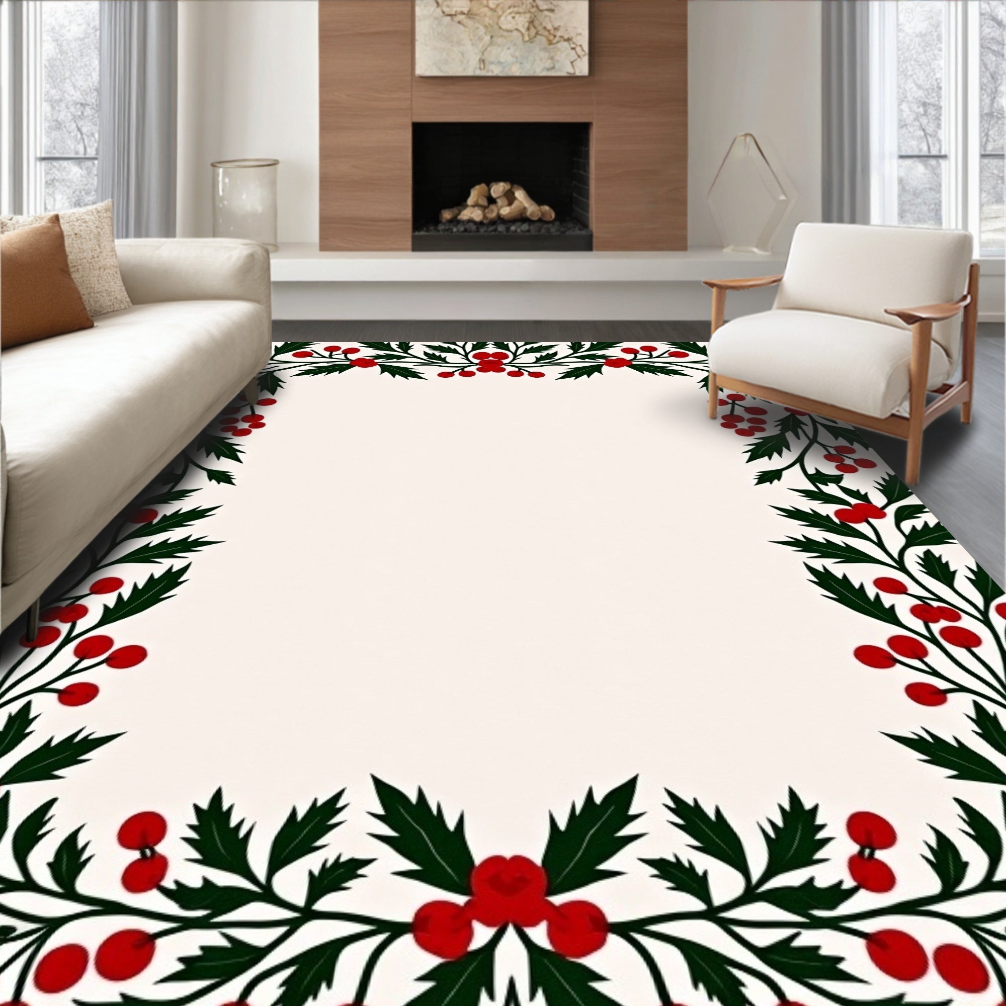 Vibrant Red Holly Berry Border Rug