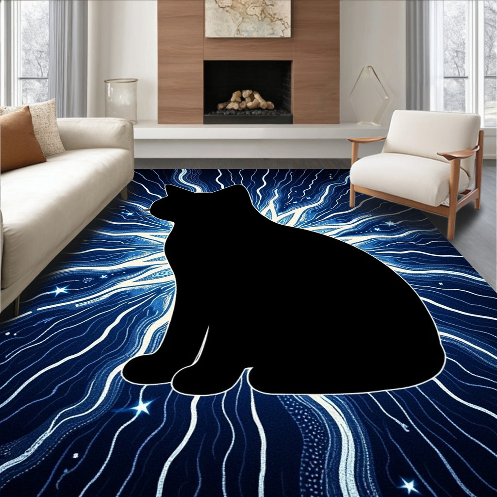 Cosmic Cat Black Silhouette Starry Rug