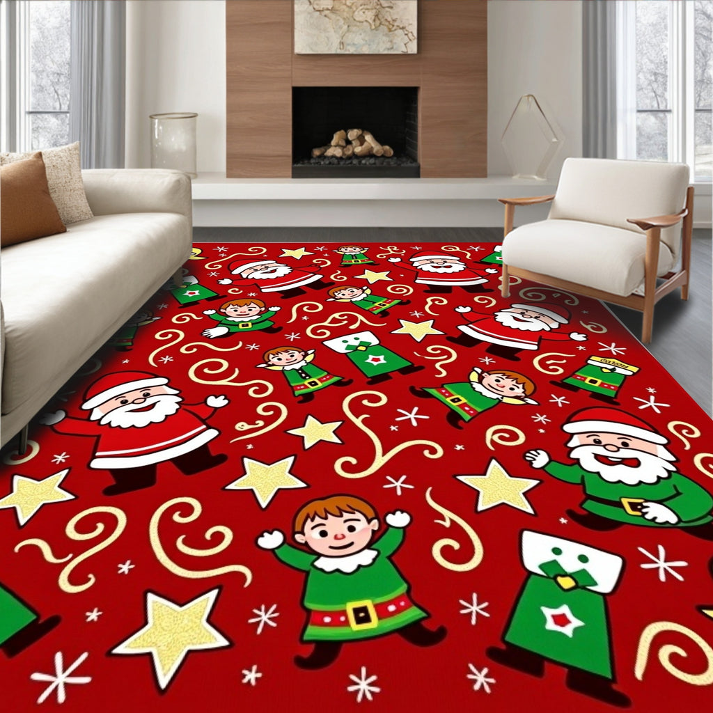 Jolly Santa Elves Yellow Bird Stars Rug