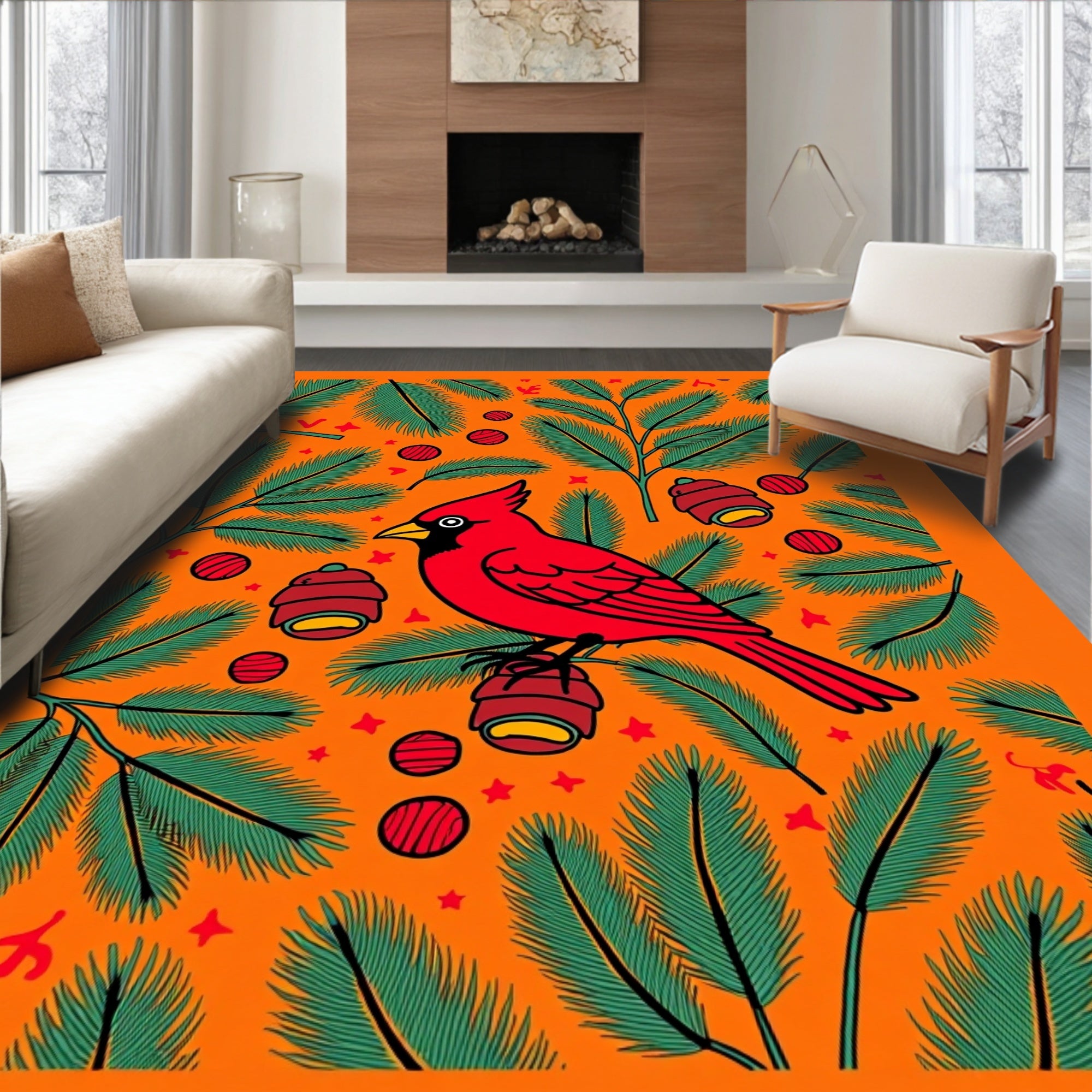 Vibrant Red Cardinal Pinecone Scene Rug