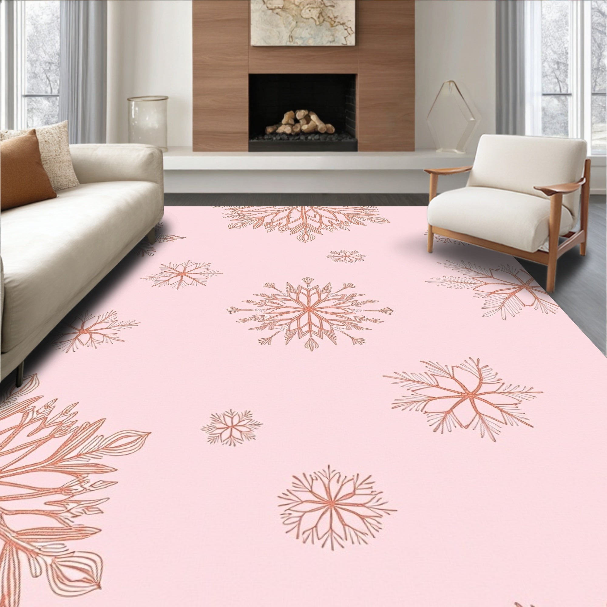 Rose Gold Snowflake White Scatter Rug