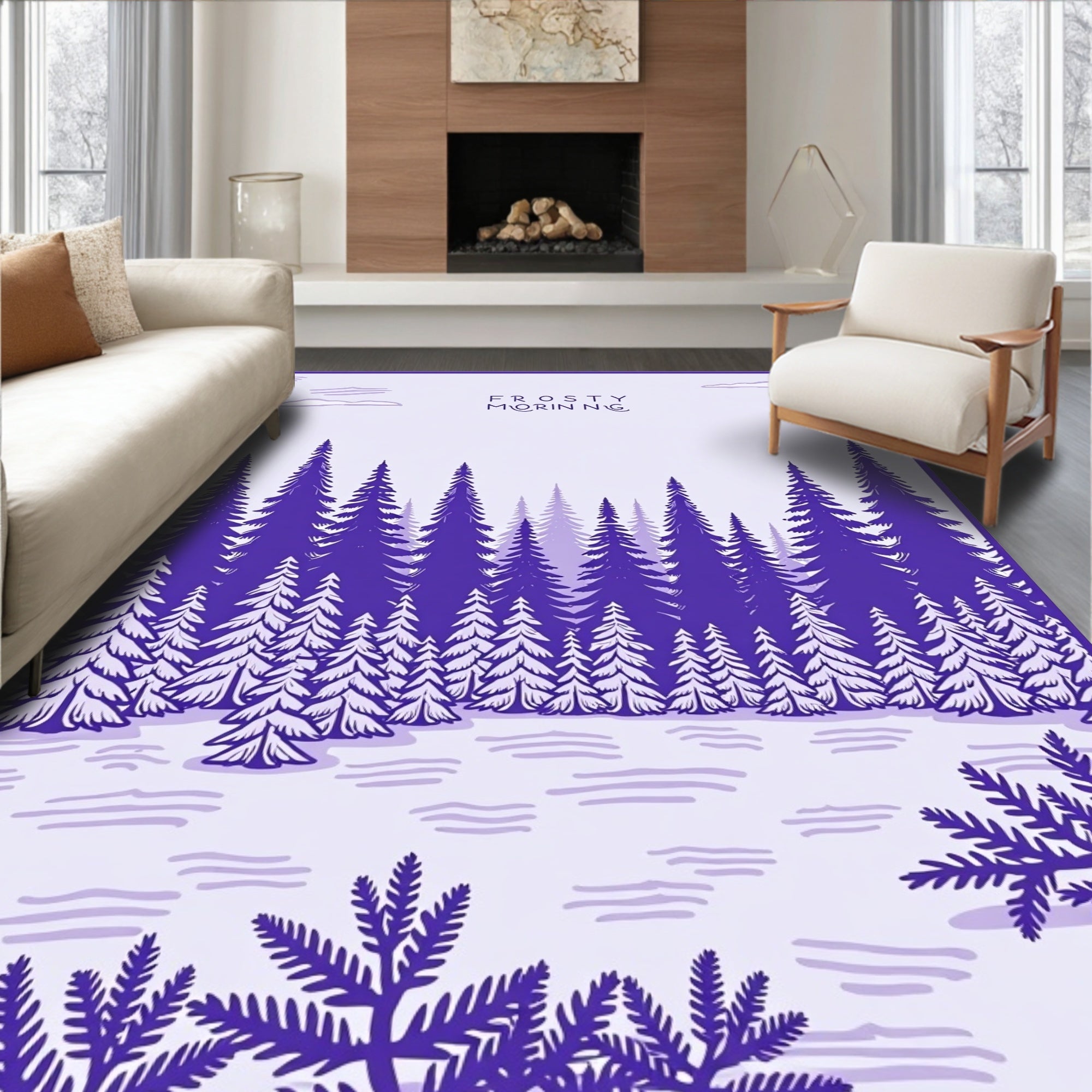 Violet Snowy Evergreen Forest Scene Rug