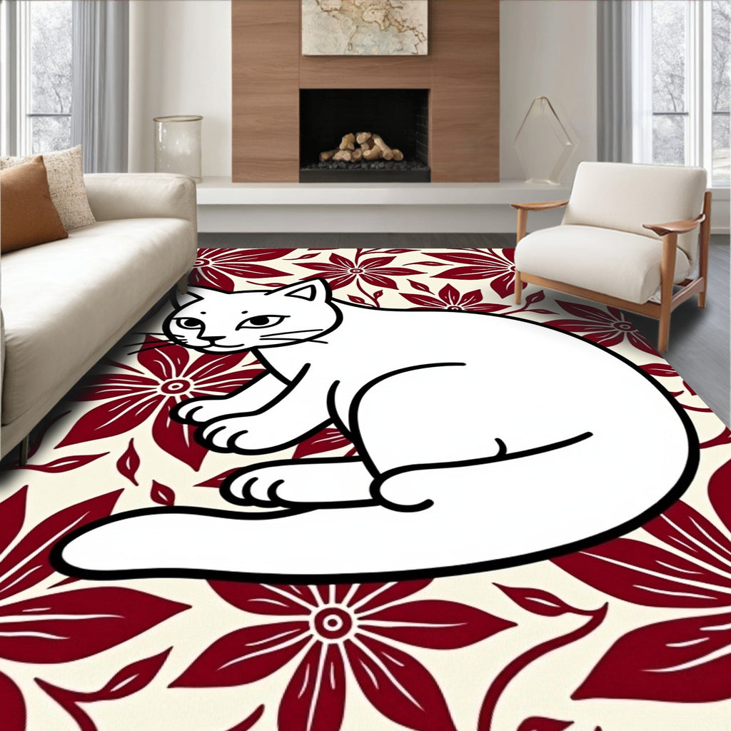 Crimson Floral White Cat Illustration Rug