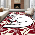 Crimson Floral White Cat Illustration Rug