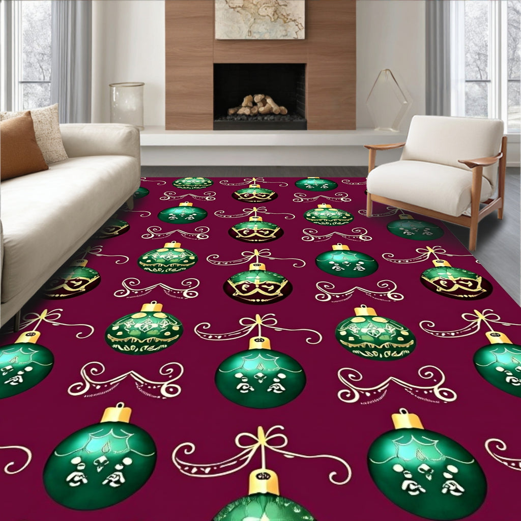 Festive Emerald Ornaments Gold Swirls Rug