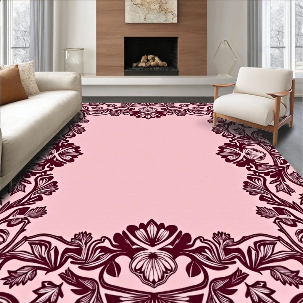 Rich Burgundy Floral Vine Border Rug