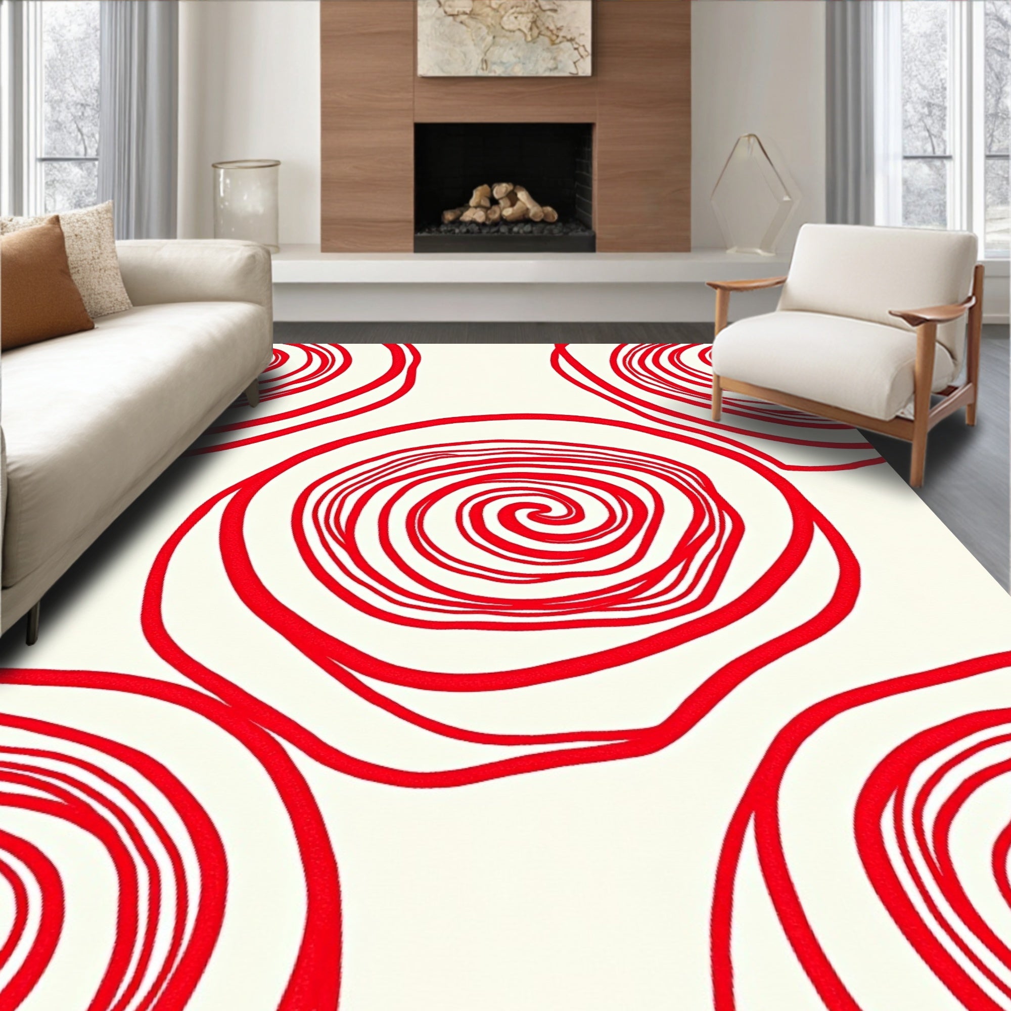 Vibrant Red Swirl Floral Rug