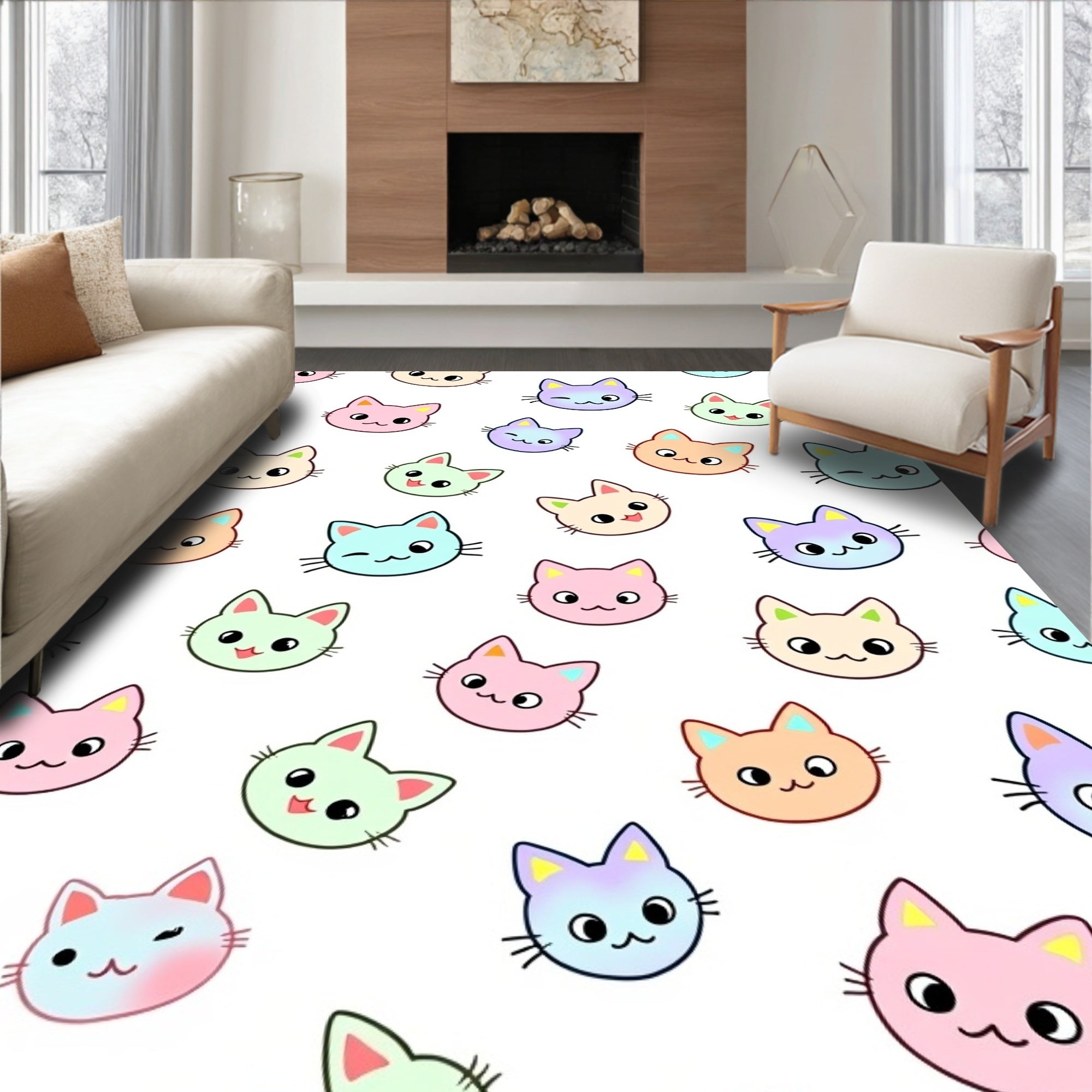 Pastel Kawaii Cat Faces Repeating Pattern Rug