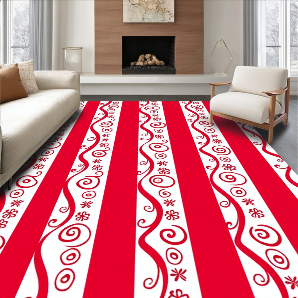 Crimson Red White Whimsical Stripes Rug