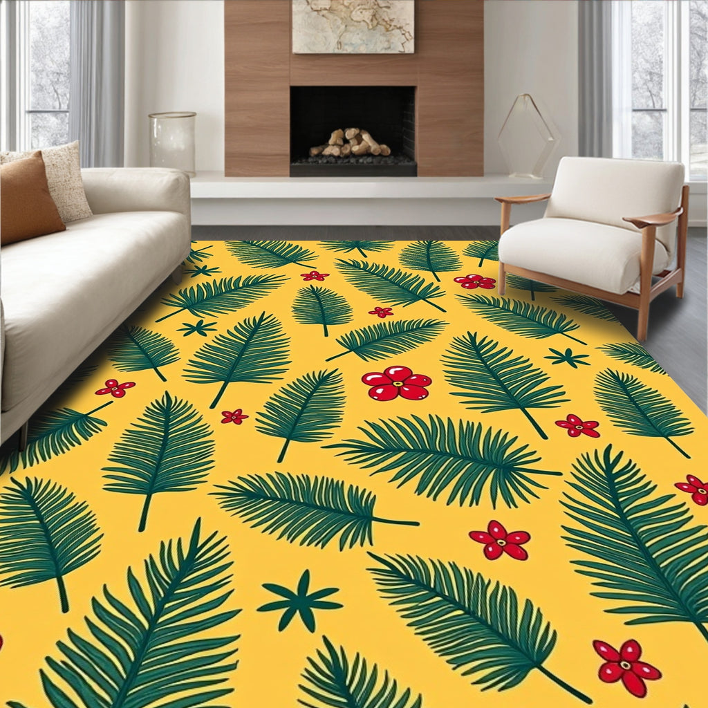 Red Hibiscus Green Palm Frond Rug