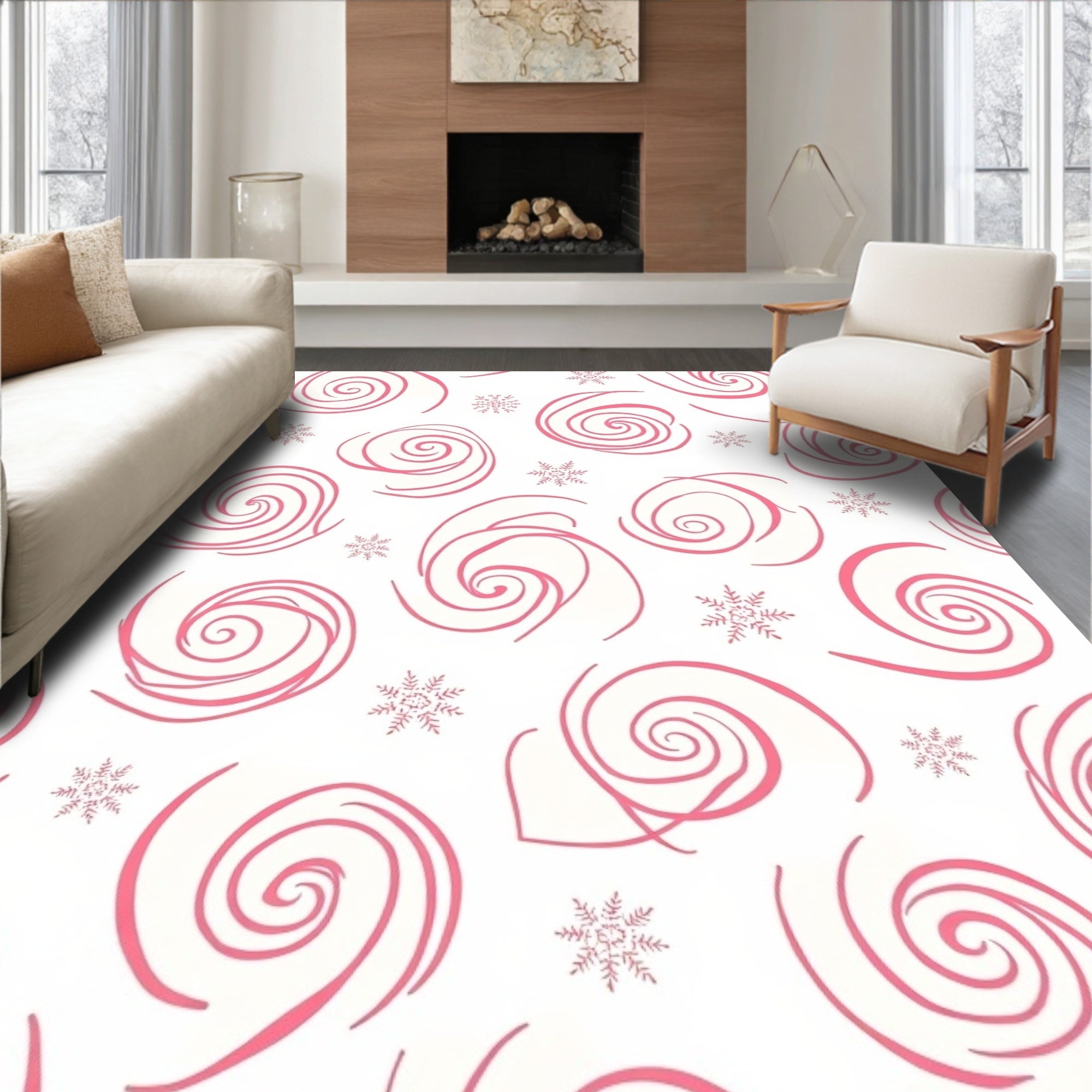 Salmon Pink Swirl Snowflake Medallion Rug