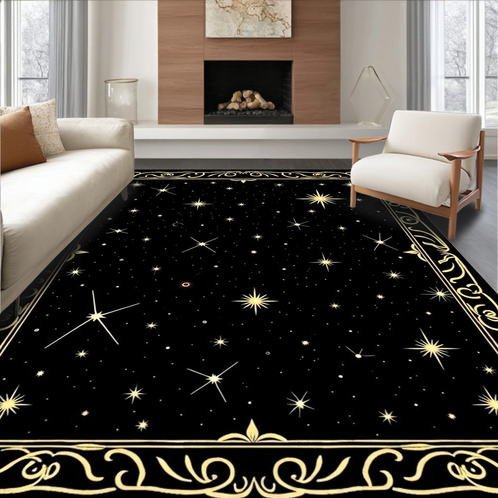 Golden Starry Night Celestial Border Rug