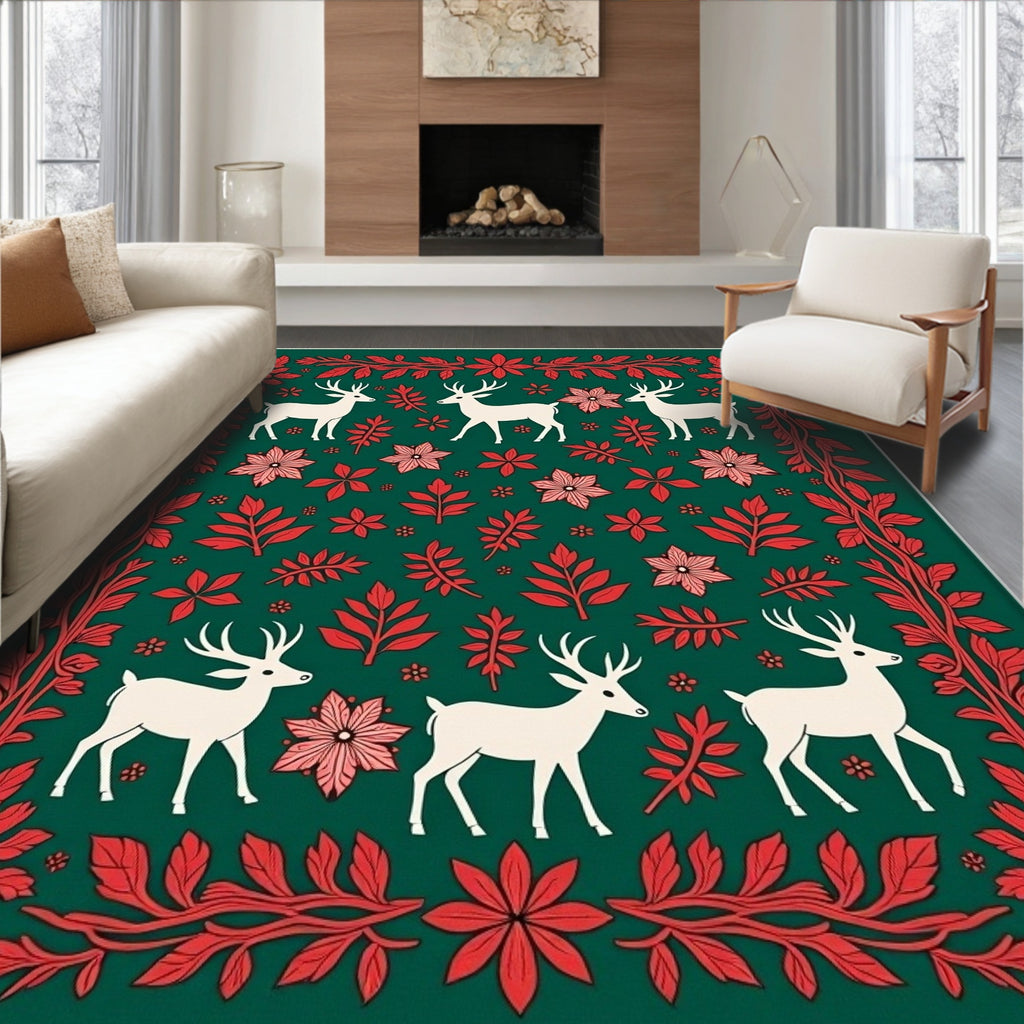 Festive White Deer Red Floral Border Rug