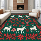 Festive White Deer Red Floral Border Rug