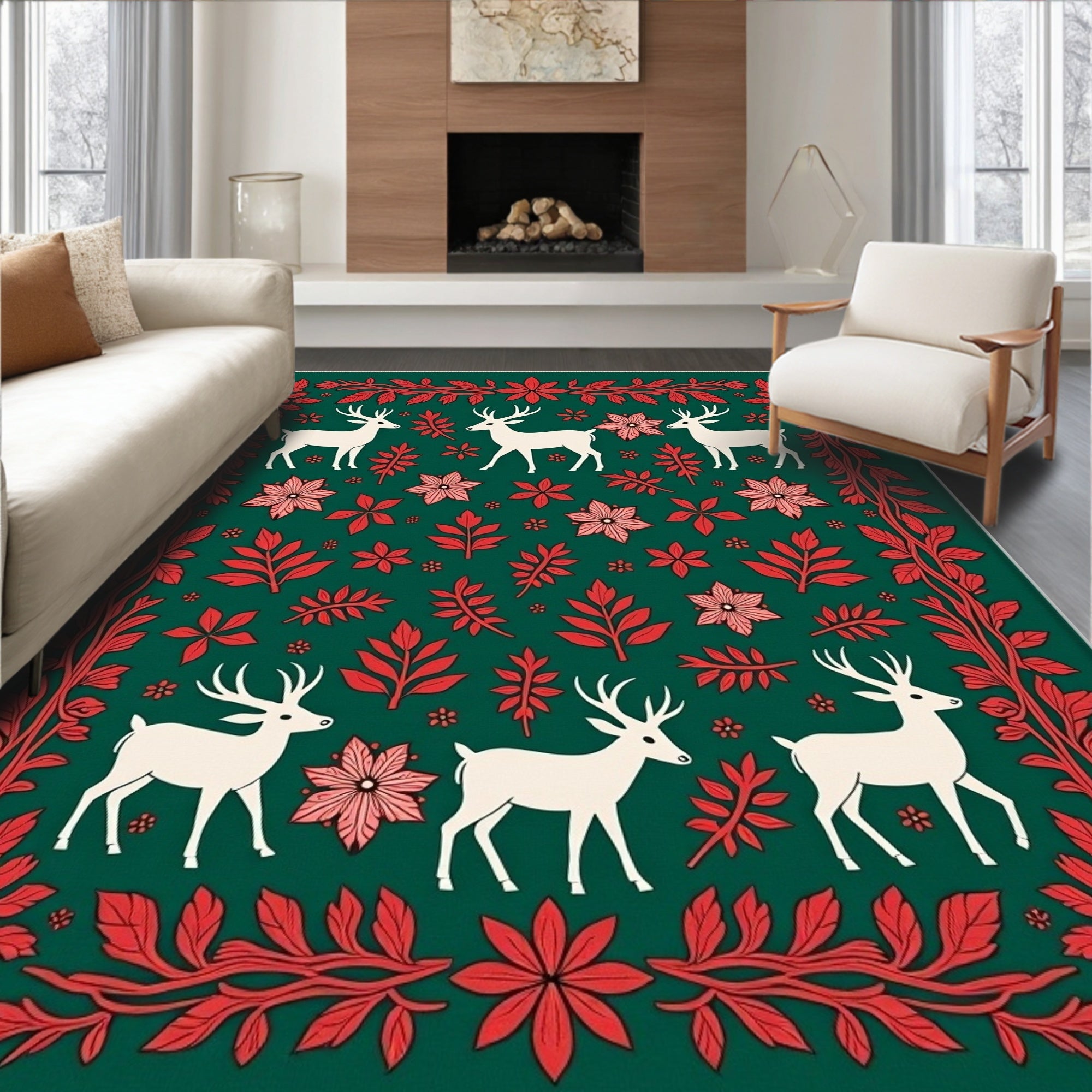 Festive White Deer Red Floral Border Rug