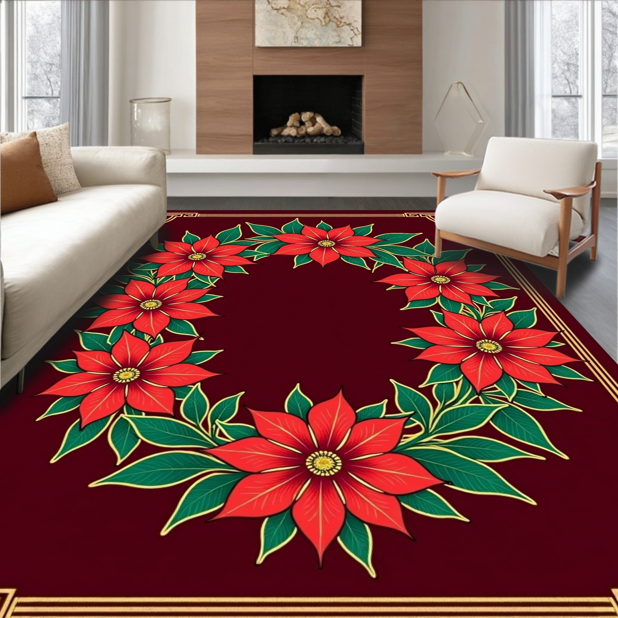 Red Poinsettia Wreath Border Rug