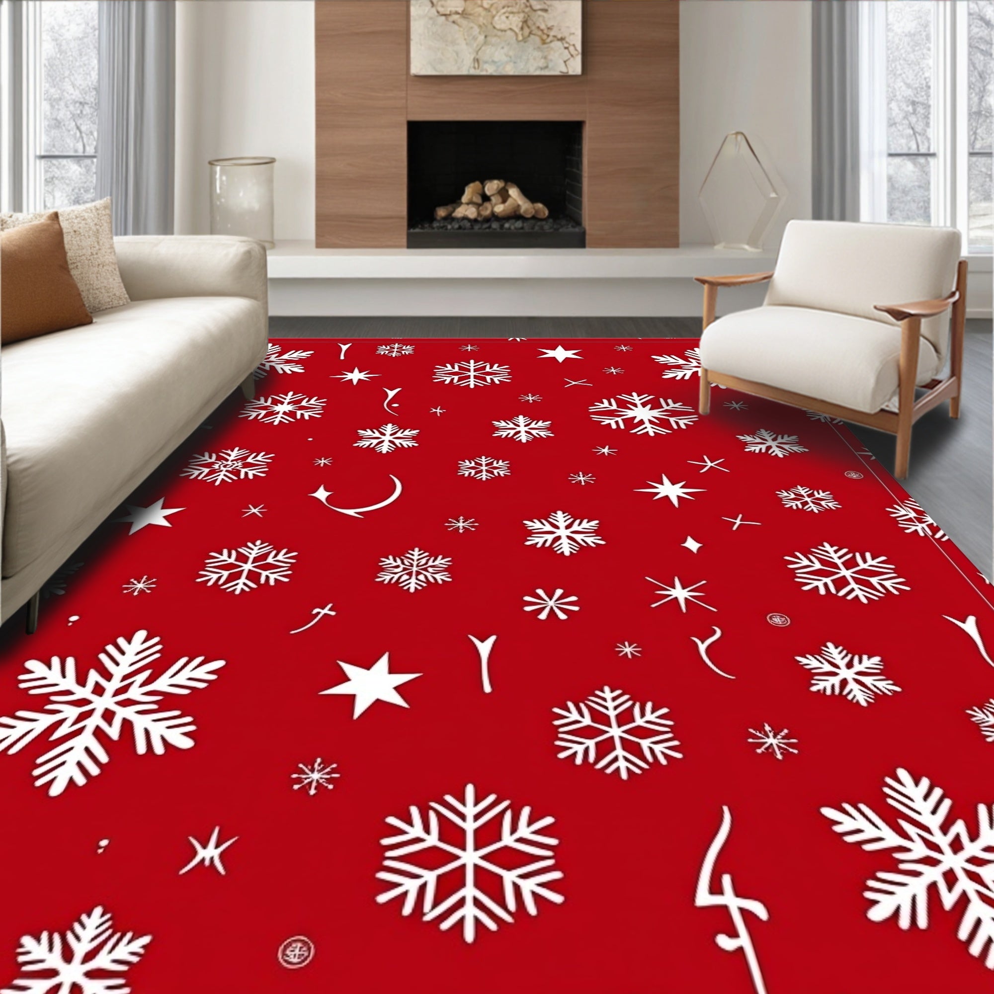 Red White Snowflake Winter Celebration Rug