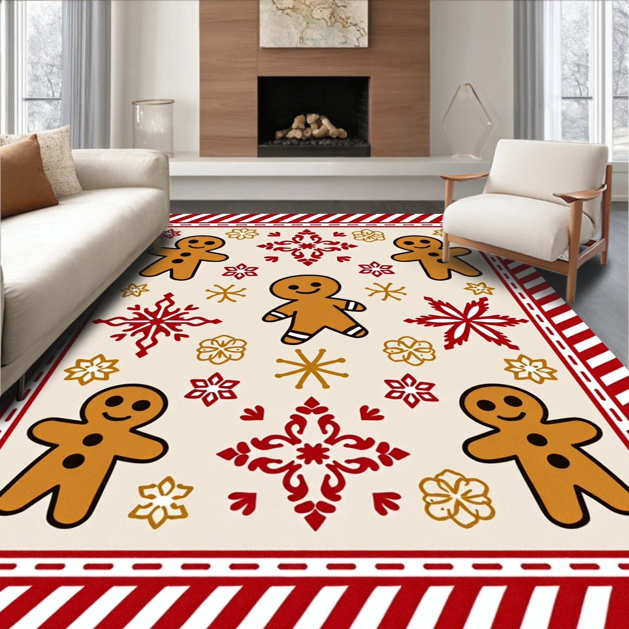 Festive Gingerbread Man Red Snowflake Rug