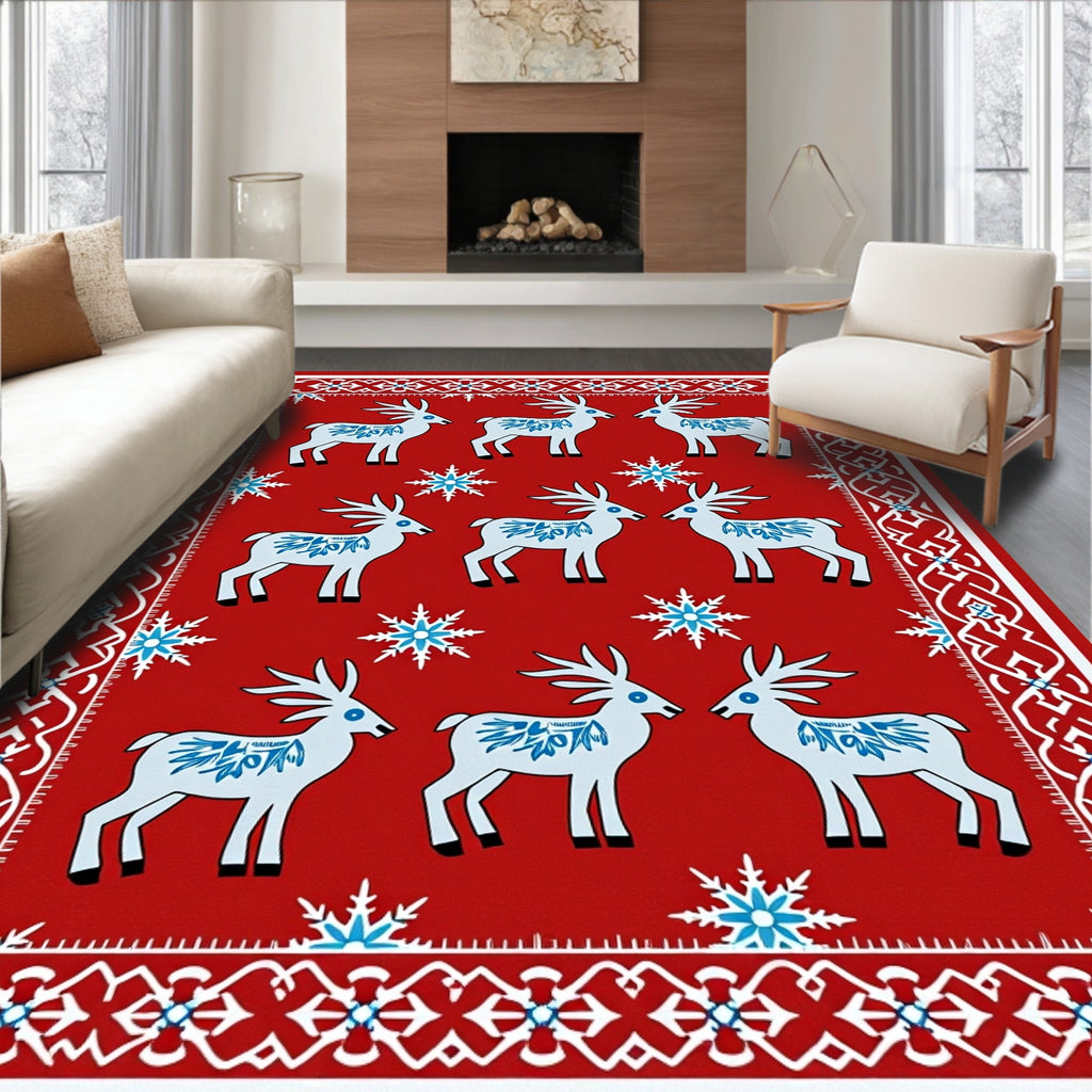 Red White Blue Reindeer Snowflake Border Rug