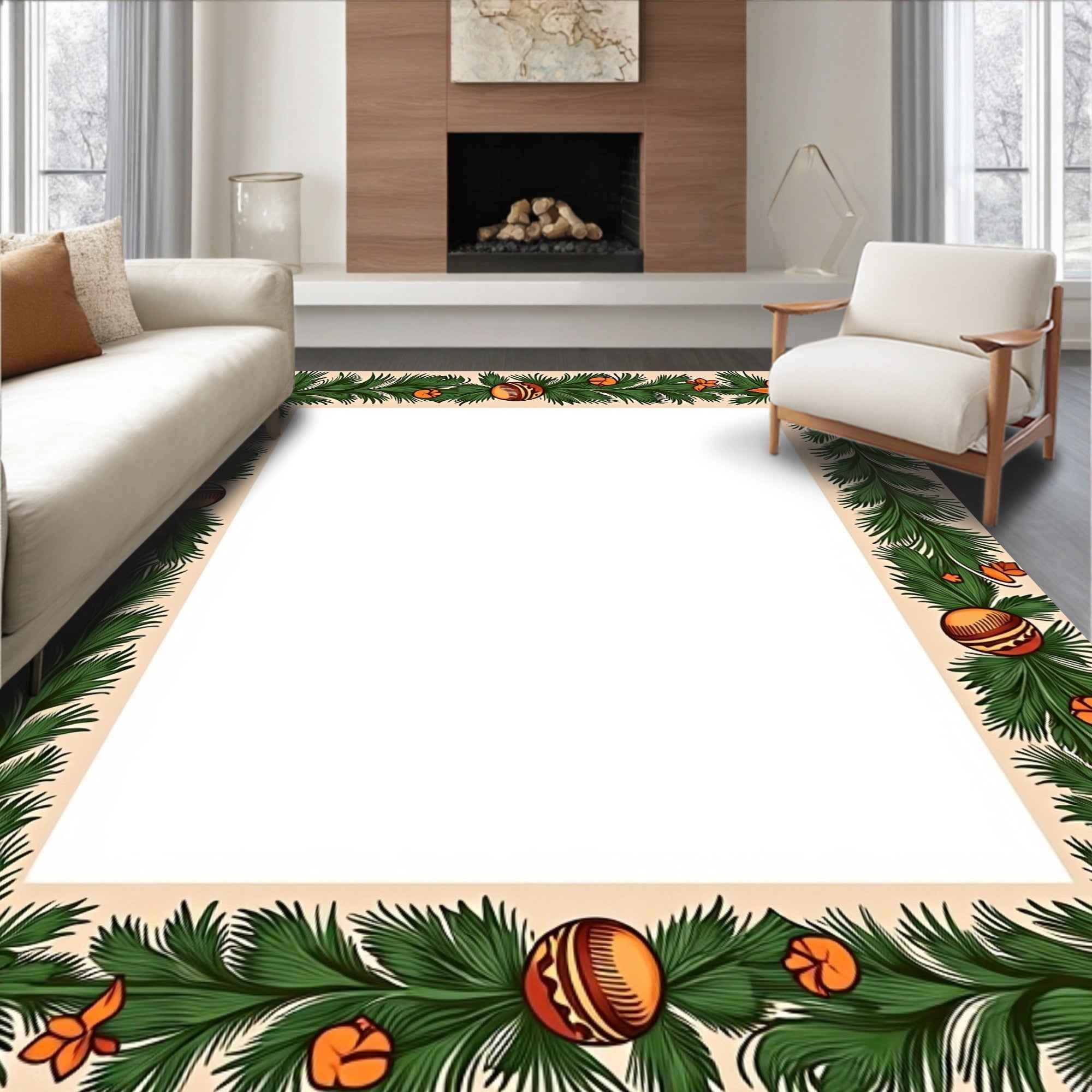 Festive Green Pine Garland Ornaments Rug