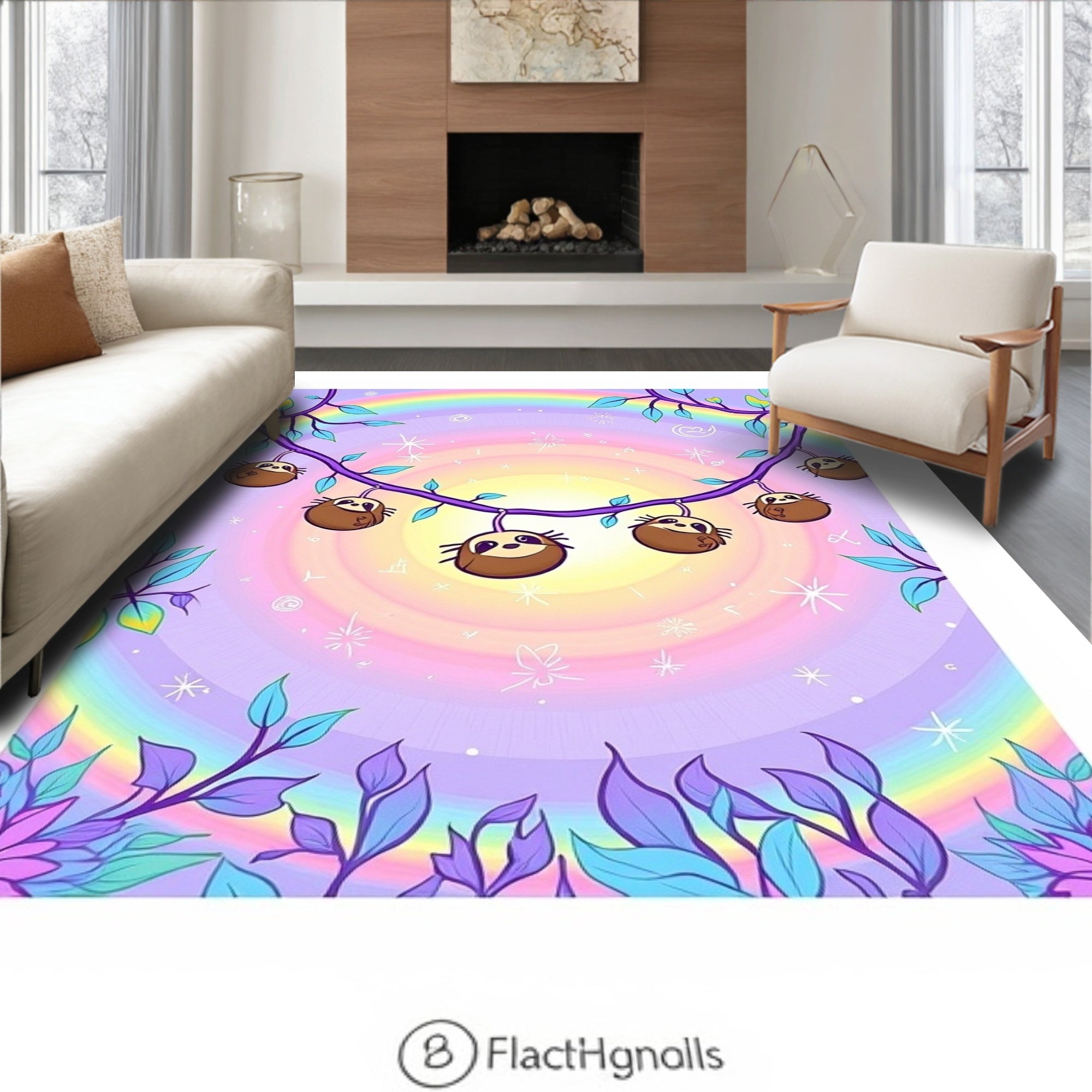 Whimsical Sloths Hanging Rainbow Sky Rug