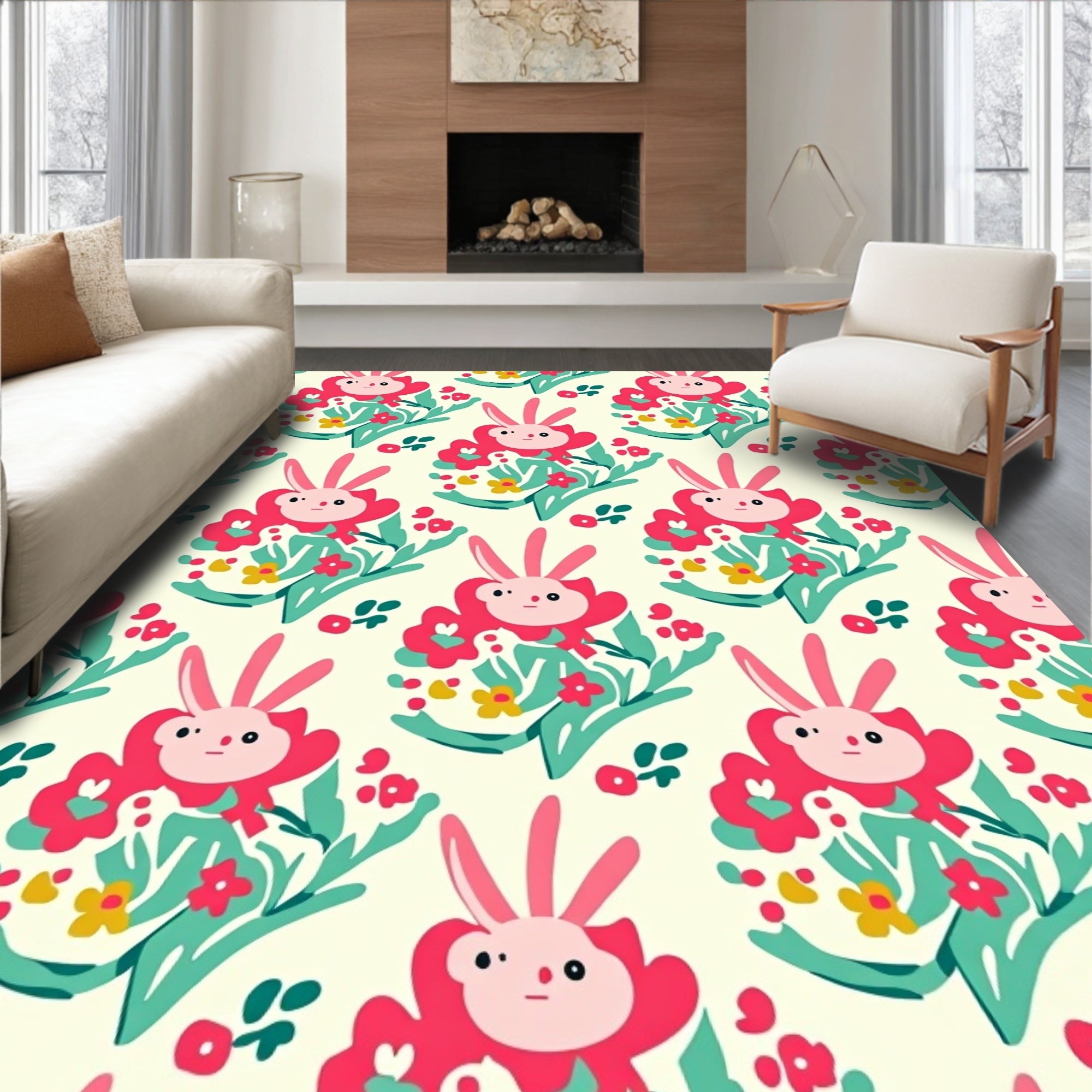 Pink Bunny Floral Garden Art Rug