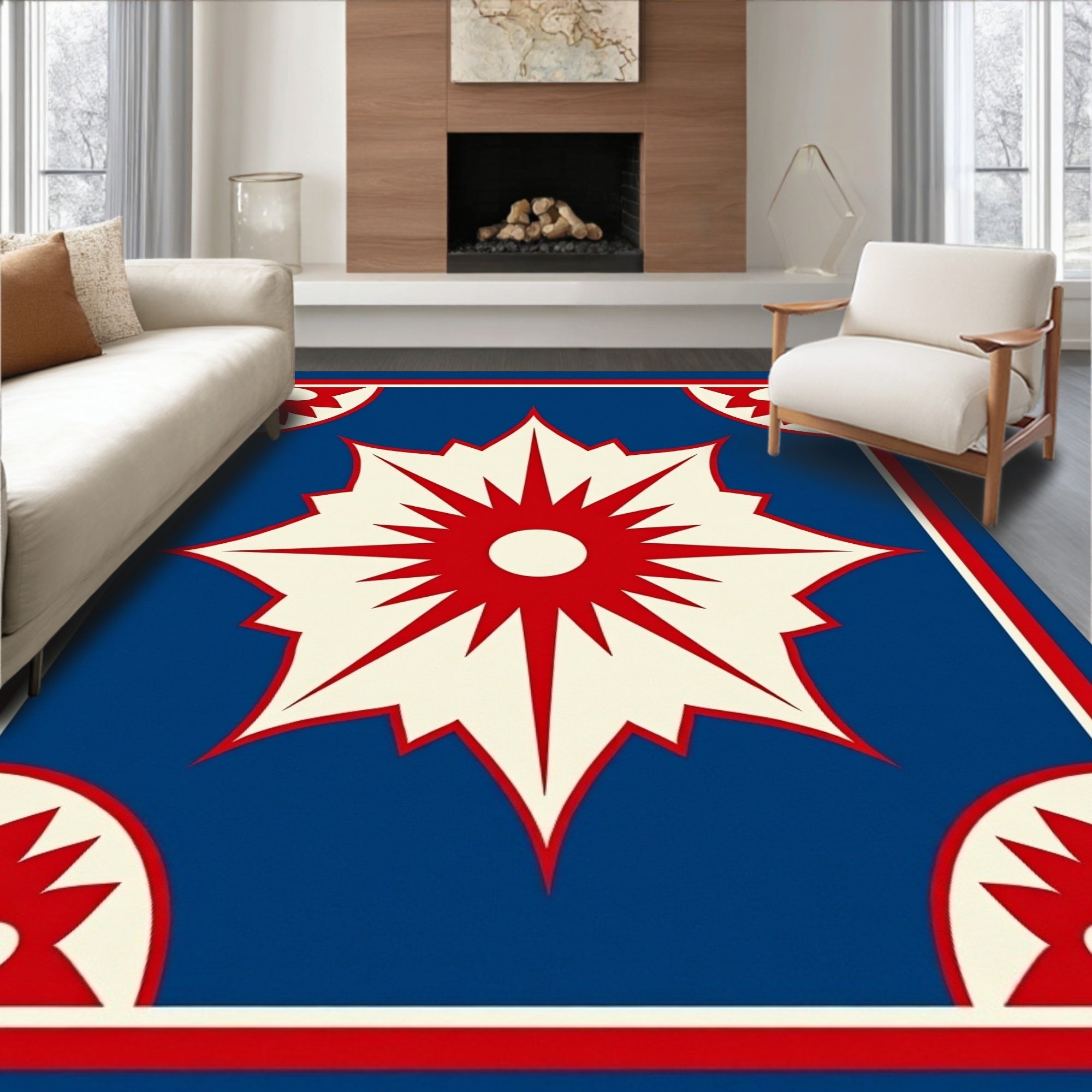Crimson Red Starburst Blue Medallion Rug