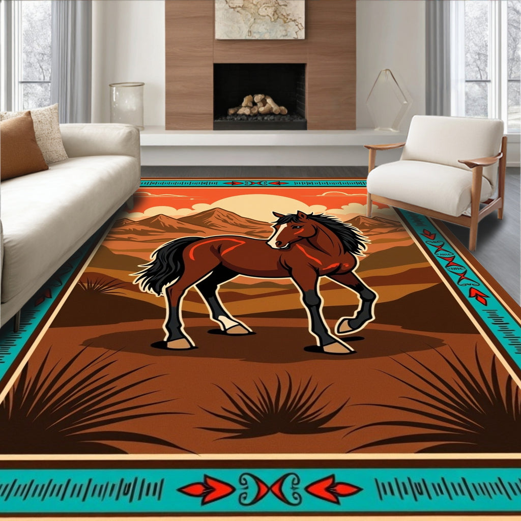 Brown Horse Sunset Mountain Landscape Rug