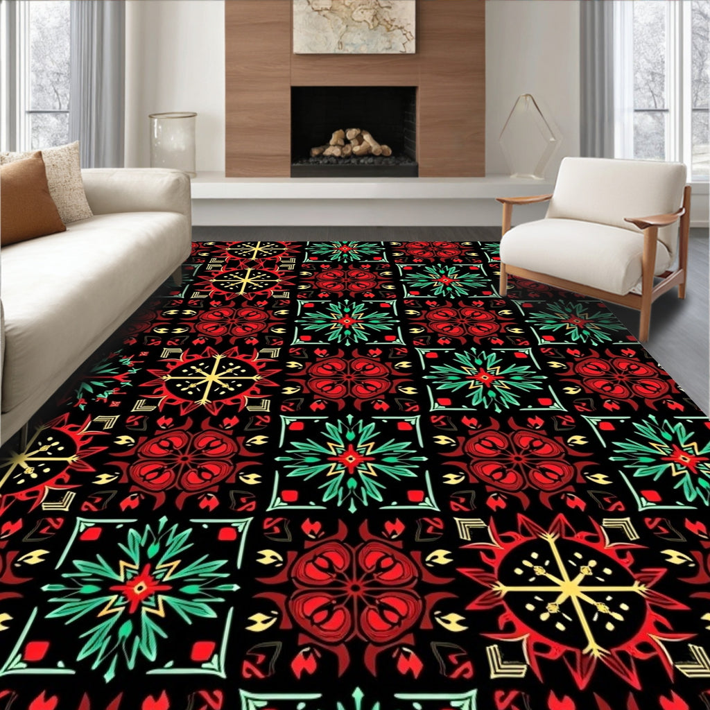 Bold Red Floral Medallion Mosaic Rug