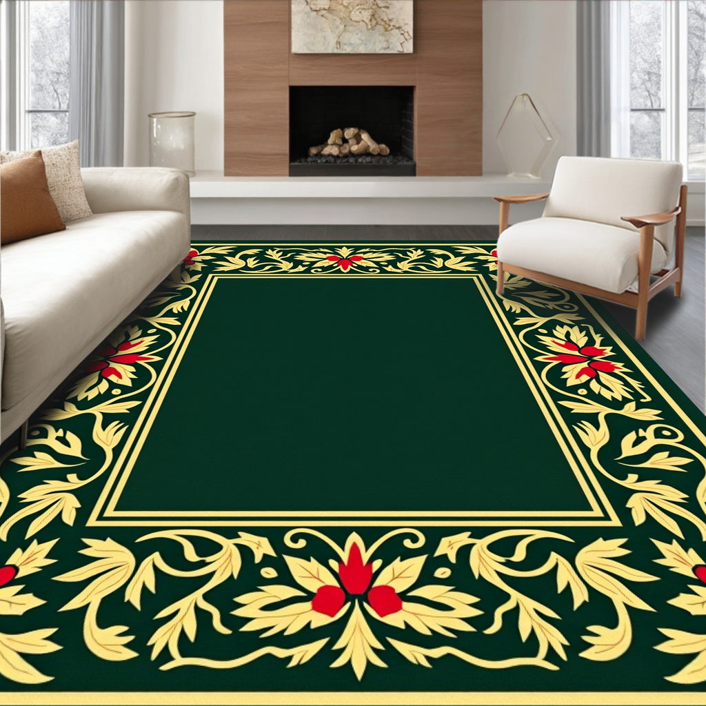 Regal Green Floral Scroll Border Rug