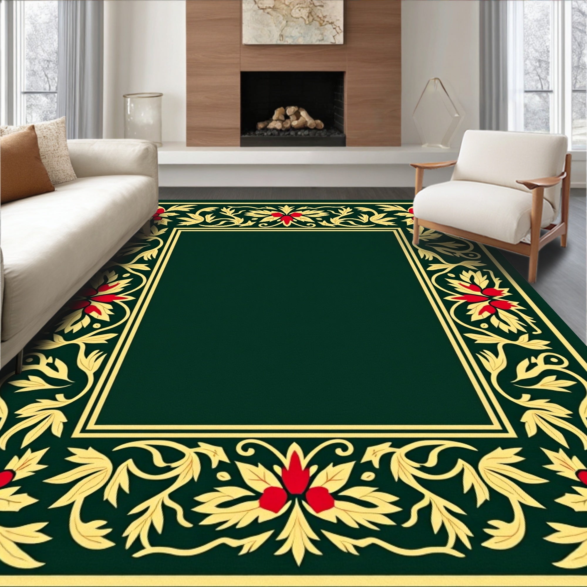 Regal Green Floral Scroll Border Rug