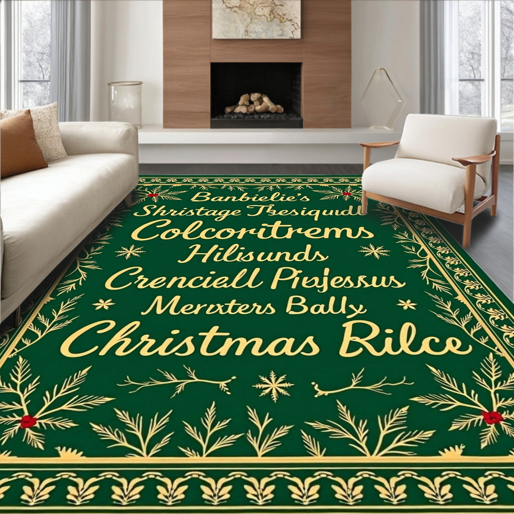 Festive Green Gold Holly Border Rug